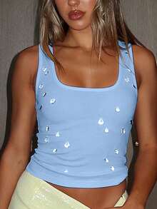Women's Rhinestone Decor Ribbed Crop Top - Sexy And Form-Fitting Casual Summer - Blue - View 4