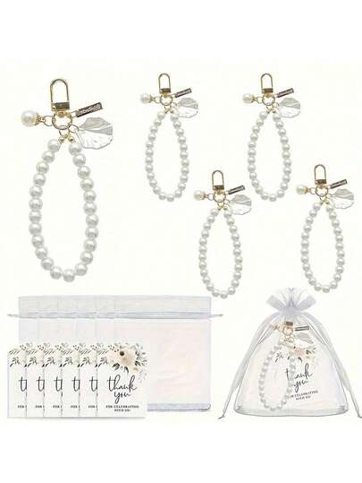 15 件/套优雅贝壳和珍珠钥匙扣，包括钥匙扣、感谢标签和白色欧根纱袋 - 非常适合新娘赠送礼物、生日、派对礼物和婚礼母亲节毕业