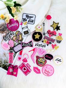30pcs/Set Random Pink High Heels, Football, Diamond, Lips, Heart, Lollipop, Camera, Leopard Print Patches, Cute Cartoon Style Iron On/Sew On Patch For DIY Clothes, Bags, Hats, Etc. - Pink - View 6