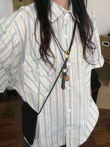 女式复古格子短袖纽扣衬衫，休闲设计宽松夏季上衣 - 藍色 - 查看 4