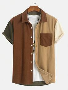 Men's Fashion Classic Personalized Corduroy Color Block Lapel Button Down Short Sleeve Shirt, Suitable For Casual Daily, Fashion Parties, Summer - Army Green - View 3