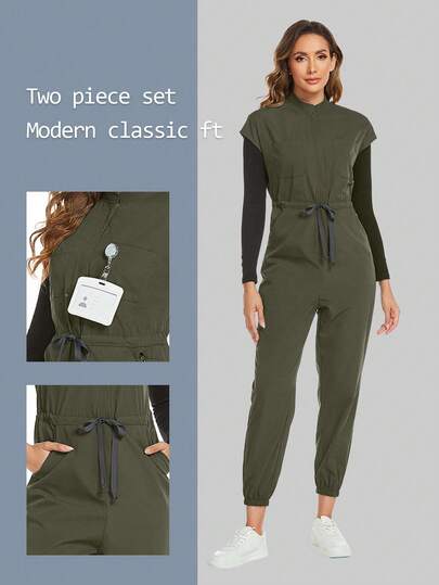 拉鍊立領連身服磨砂面布