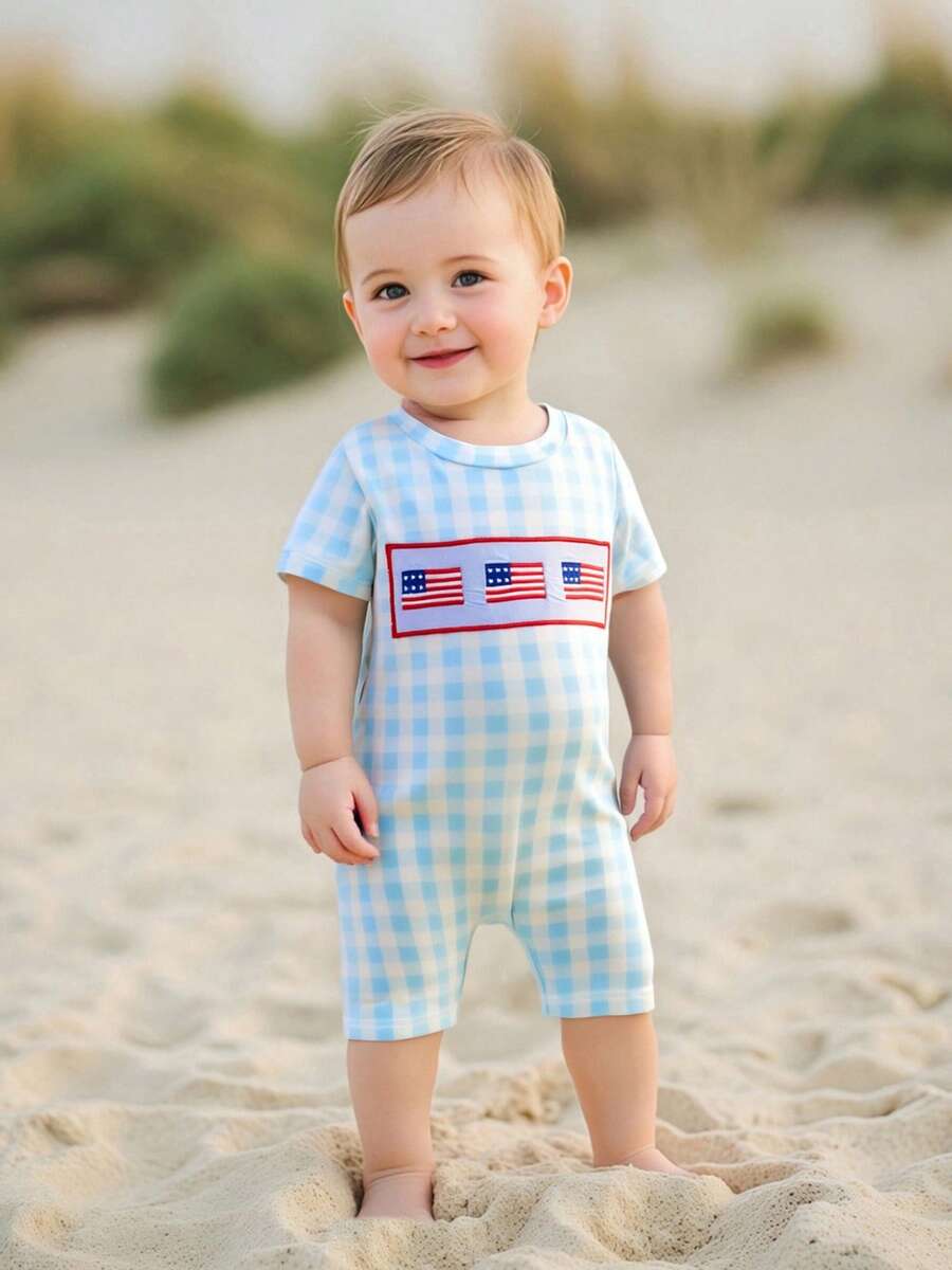 Baby Boy 4th Of July Romper Fashion Short Sleeve Round Neck Plaid Print Bodysuit Newborn Playsuit - Blue - View 1