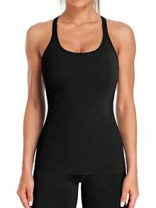 Camiseta sin mangas acanalada ATTRACO con sujetador incorporado para mujer, cuello de pico y espalda de tirantes apretados, top deportivo - Negro - Ver 1