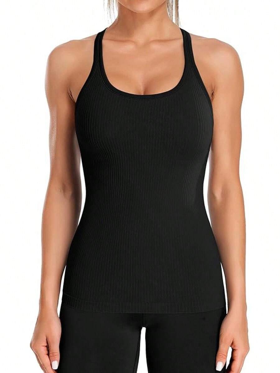 Camiseta sin mangas acanalada ATTRACO con sujetador incorporado para mujer, cuello de pico y espalda de tirantes apretados, top deportivo - Negro - Ver 1