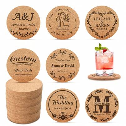 Personalized Custom Cork Coasters, Custom Carved Circular Coasters, Wedding Guest Gifts, Bride Gifts, Wedding Gifts, Business Promotional Items
