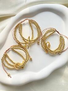1Pc Women's Bead Bracelet With Various Shapes Of Diamond Studded Buckles, Adjustable Rope, High-End And Fashionable Style, Suitable For Daily Fashion Matching Or Holiday Wear - Gold - View 2