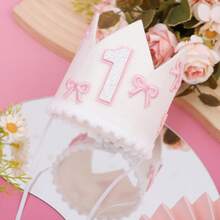 1件，半岁/1-5岁蝴蝶结生日帽装饰周岁礼物白色皇冠粉色蝴蝶结皇冠派对公主头饰照片白粉装饰生日派对帽装饰数量2/1-5亮片皇冠发饰公主生日派对节庆派对 - 彩色 - 查看 4