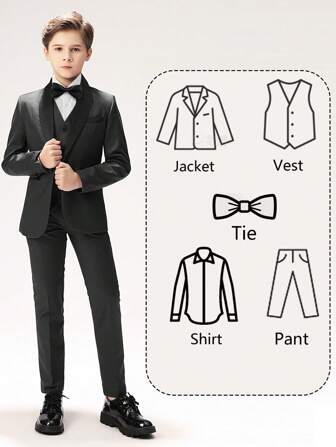 青少年男童西装披肩领五件套套装幼儿燕尾服礼服结婚礼服婚礼西装背心裤子衬衫领带儿童正式西装黑色尺码 6-14 岁