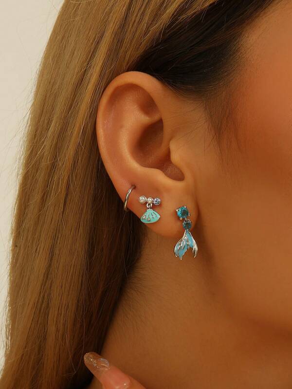 3pcs Fishbone, Cherry Heart & Shell Cartilage Earrings Set, Pierced Jewelry Accessories