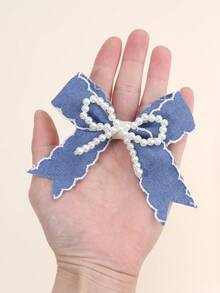 2pcs Blue Hair Bows For Women Solid Color Pearl Bow Alligator Clips Elegant Pearl Bow Hair Clips Wedding Vacation Bow Barrettes Women Hair Accessories - Blue - View 5