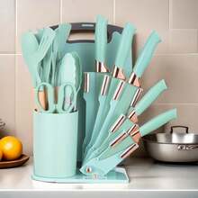19pcs Premium Silicone Kitchen Utensil & Knife Set - Heat-Resistant, Non-Stick Cooking Tools With Wooden Handles & Chef Knives - Includes Storage Stand - Perfect Gift For Juneteenth - Green - View 5