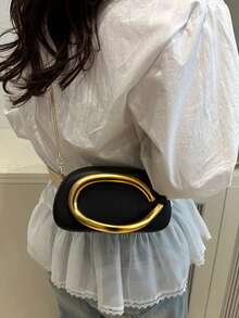 复古金属字母手拿包、时尚手提包、百搭晚装包、女士小方包 - 黑色 - 查看 3