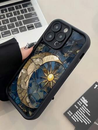 1 pieza Funda de teléfono con diseño de luna y sol impreso, adecuada para todos los modelos de Apple, mejor regalo para amigos, familia y novia, resistente al agua, a los golpes y a los arañazos