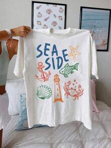 Women's Summer Casual Short Sleeves, Seaside Style Pattern Print, Women's Summer Loose T-Shirt, Suitable For All Seasons - White - View 3