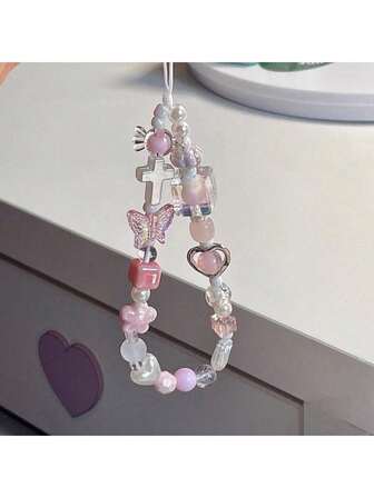 Soft Pink Sakura Flower Metal Heart CCD Camera Wrist Strap DIY Beaded Phone Lanyard, Phone Case Charm
