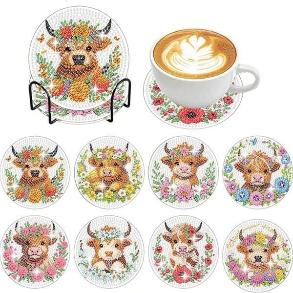 8pcs/Set DIY Diamond Painting Coasters, Animal Calf Pattern Coasters, Heat Insulation Non-Slip Coasters With Holders, Handmade Gifts, Mosaic Craft