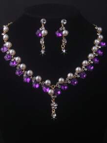 Premium High-End New Purple, Blue, Green Waterdrop Beaded Necklace & Earring Jewelry Set, Suitable For Wedding Dress, Stage Performance, Banquet, Birthday