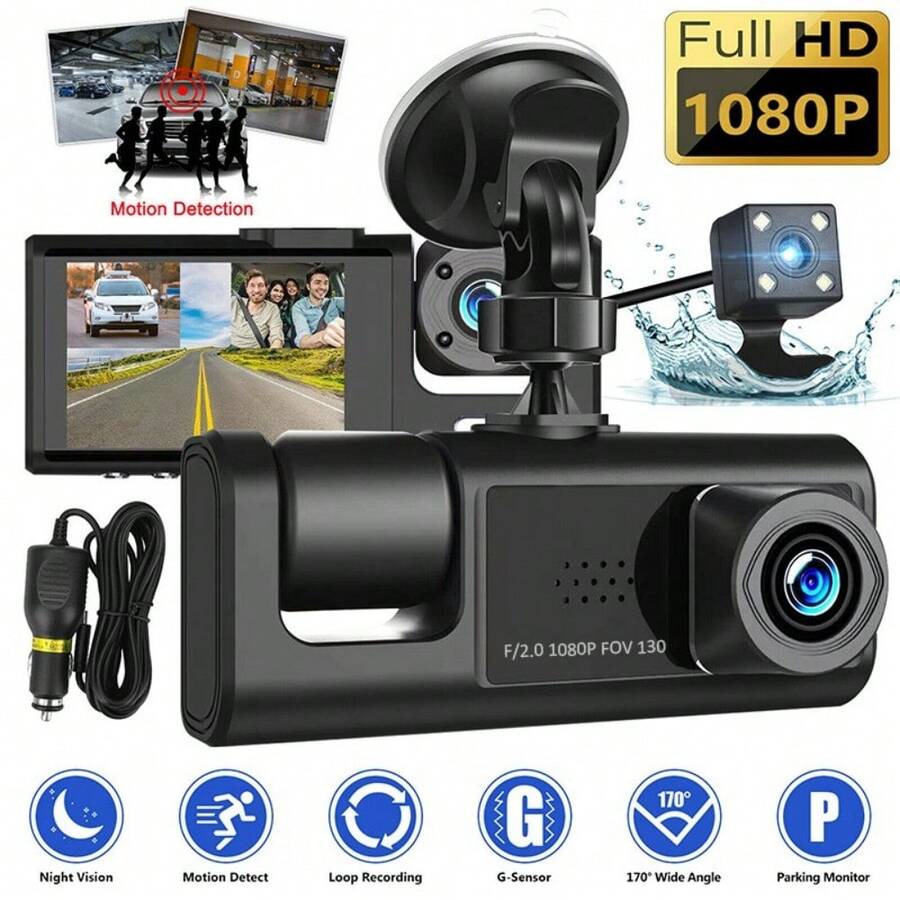 2.0 Inch IPS Screen Dash Cam With 32GB TF Card 170° Wide Angle 3 Channel Cam Front And Rear - 黑色 - 查看 1