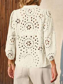 Womens Eyelet Blouse Deep V Neck 3/4 Balloon Sleeve Cotton Button Down Shirt - 白色 - 查看 6
