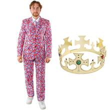 Adults Union Jack Suit & King's Crown – British Flag Fancy Dress Costume For Eurovision, Royal Events, Stag Parties & National Celebrations – Sizes - Union Jack Costume, King Fancy Dress, British Flag Outfit, Royal Party Costume, Eurovision Outfit, Men's British Costume, Uk Flag Suit, Novelty King Costume, Best Of British Costume, Adult Patriotic Outfit Available - red white and blue - View 1