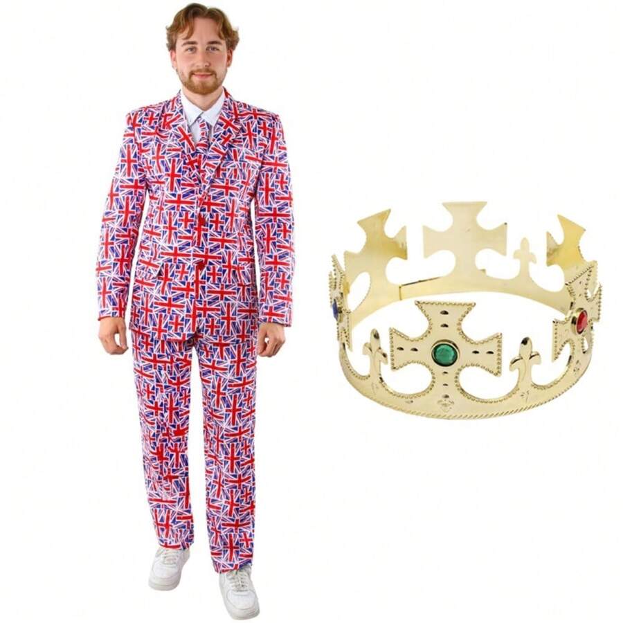 Adults Union Jack Suit & King's Crown – British Flag Fancy Dress Costume For Eurovision, Royal Events, Stag Parties & National Celebrations – Sizes - Union Jack Costume, King Fancy Dress, British Flag Outfit, Royal Party Costume, Eurovision Outfit, Men's British Costume, Uk Flag Suit, Novelty King Costume, Best Of British Costume, Adult Patriotic Outfit Available - red white and blue - View 1