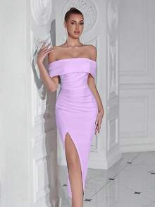 ADYCE Elegant One Shoulder Pleated Front Slit Backless Midi Party Dress For Prom Birthday Party Evening Date Homecoming Party Wedding Guest Cocktail Reception Family Festival - Purple - View 3