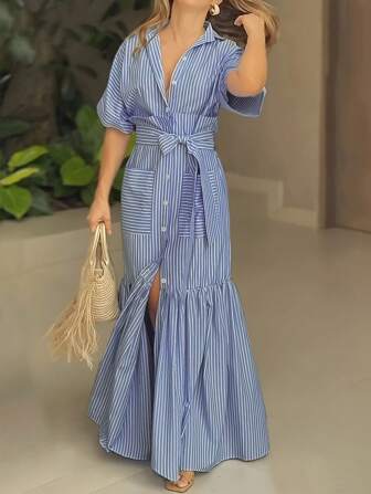 Women's Summer Casual Style, Fashion Elegant, Striped Lapel Belt And Long Dress In Front Are Suitable For Graduation Outfit.