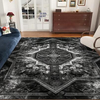 1pc Luxury Black & Gray Vintage Boho Area Rug With American Creative Elements, Rectangular Soft & Anti-Slip Carpet For Outdoor, Entryway, Living Room, Bedroom, Laundry Room, Bathroom, Game Room, Machine Washable, Home Decor