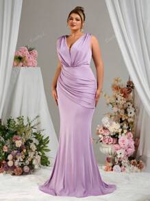 Abito da damigella d'onore Everly L elegante per primavera ed estate, con collo a V profondo, schiena scoperta, orlo a sirena in maglia elasticizzata, adatto per feste, balli, ospiti di matrimoni, cene