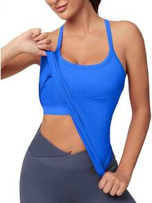 Workout Tops Women With Built In Bra, Sleeveless Gym Tops Seamless Racerback Athletic Yoga Shirts, Activewear - 克萊因布魯 - 查看 1