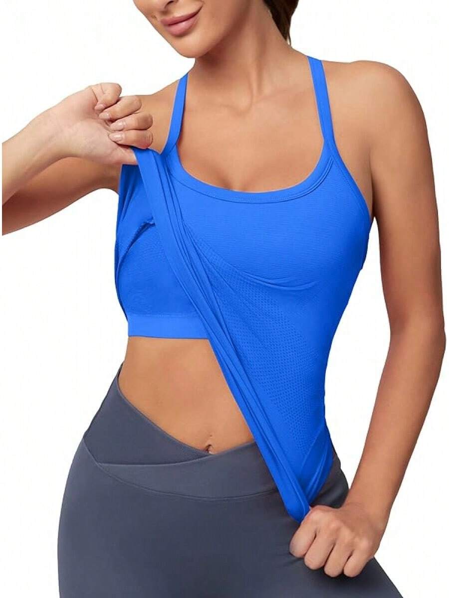 Workout Tops Women With Built In Bra, Sleeveless Gym Tops Seamless Racerback Athletic Yoga Shirts, Activewear - 克萊因布魯 - 查看 1