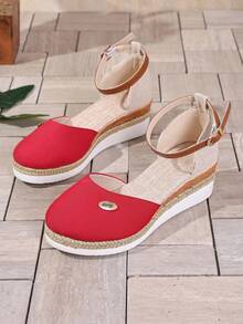 2026 Nuevos zapatos de mujer, zapatos de pescador trenzados con cuerda, sandalias de cuña huecas con hebilla de correa abierta de primavera/verano - Rojo - Ver 7