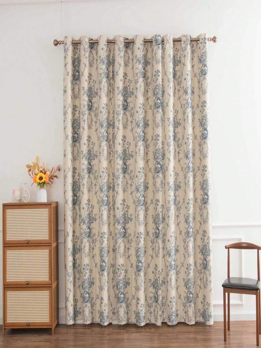 1pc European Style Floral Design Blackout Decorative Curtain - Blue - View 1