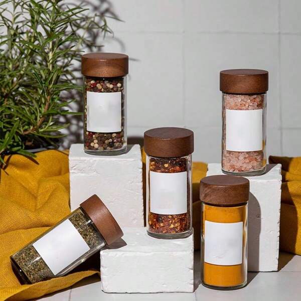 New 120ml Round Bottle With Sandalwood Lid Glass 4oz Spice Jar Set, Round Spice Container