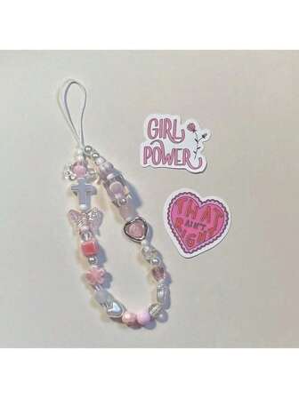 Soft Pink Sakura Flower Metal Heart CCD Camera Wrist Strap DIY Beaded Phone Lanyard, Phone Case Charm