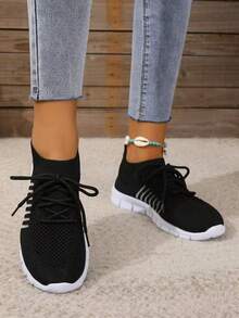 New Women's Sporty-Style Soft-Soled Mesh Breathable Sneakers. Lightweight And Comfortable For Year-Round Outdoor Wear, These Lace-Up Versatile Mom Shoes Are Stylish For Vacation, Running, Sports, And Non-Slip Casual Use. - Black - View 2