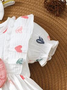 2 Pieces Set Include Girls Heart Ruffle Bow Short Sleeve Dress & Headpiece, Summer Versatile Lady Dress - White - View 4