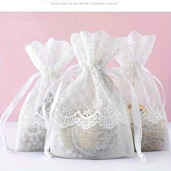 2/5pcs New White Starry Lace Drawstring Organza Bags, In Stock Bamboo Knot Organza Jewelry Gift Bags, Lace Storage Pouches, Christmas Presents