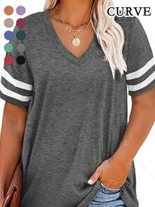 Plus Size V Neck Striped Casual Tee T-Shirt Summer - Dark Grey - View 1
