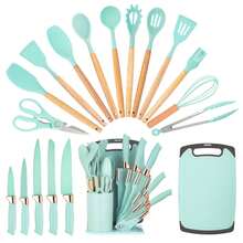 19pcs Premium Silicone Kitchen Utensil & Knife Set - Heat-Resistant, Non-Stick Cooking Tools With Wooden Handles & Chef Knives - Includes Storage Stand - Perfect Gift For Juneteenth - Green - View 4