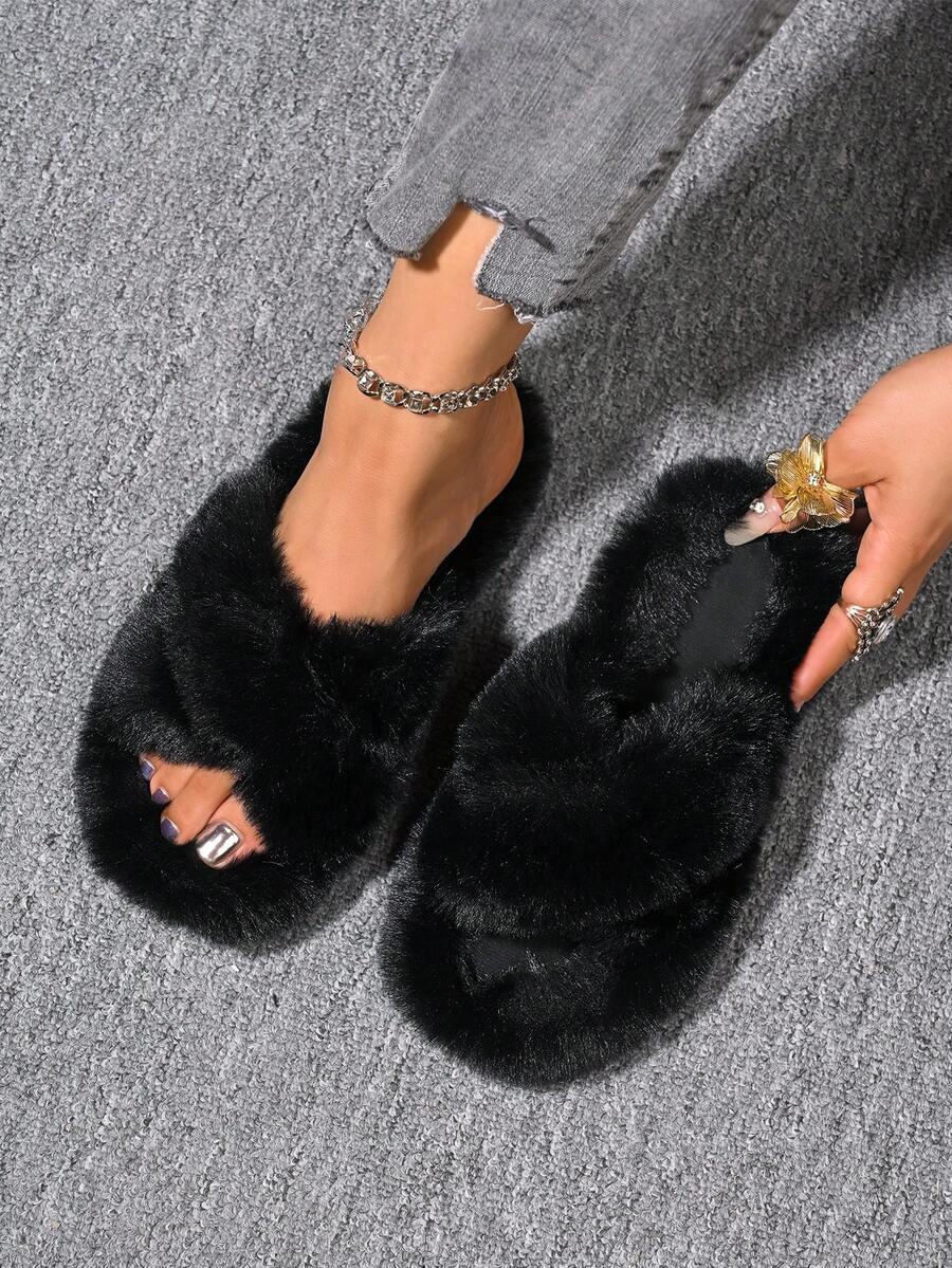 Pantuflas blancas y esponjosas para mujer, de moda y adorables, antideslizantes y a prueba de ruido para interior, para todas las temporadas - Negro - Ver 1