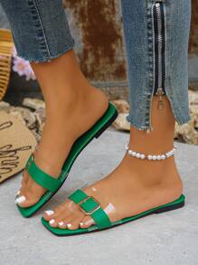 Sandálias Femininas Plus Size de Verão, Fashionable, com Fivela de Metal e Tira Transparente, Confortáveis, Antiderrapantes, Versáteis para Uso Interno e Externo