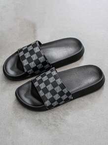 Men's Shoes, Men's Checkered Home Casual Slippers, Breathable And Durable, Suitable For Bathrooms, Beaches, And Home Wear