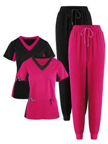 (Four-Piece Set) Scrubs Uniform Women's Running Matte Elastic Sports Nurse  Uniform Wash Clothes Work Clothes Breathable Scrub Shirt - Màu Hồng Tươi - Xem 1