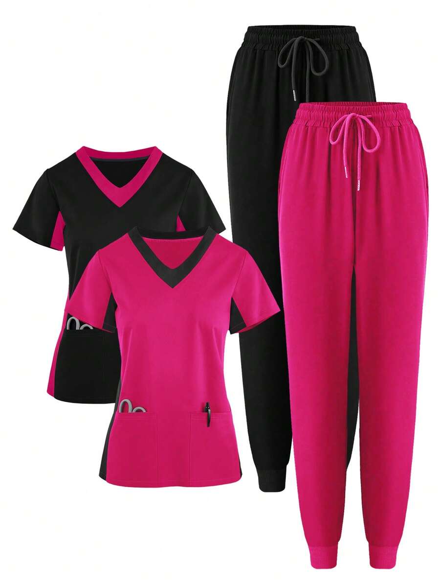 (Four-Piece Set) Scrubs Uniform Women's Running Matte Elastic Sports Nurse  Uniform Wash Clothes Work Clothes Breathable Scrub Shirt - Màu Hồng Tươi - Xem 1