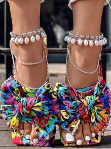 Colorful Cartoon Letter & Bow Print Women's Slippers, Fashion Square Toe Slip-On Flats, Casual Beach Sandals