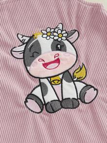 Baby 3Pcs Girl Summer Outfits Short Sleeve Romper + Cow Embroidery Suspender Skirt + Headband Set - Pink - View 6