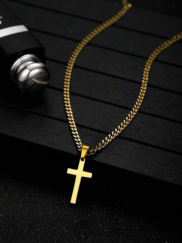 1pc Boys Minimalist Gold Plated Cross Pendant Cuban Chain Necklace Stainless Steel Jewelry For Daily Decoration For Children Birthday Gift