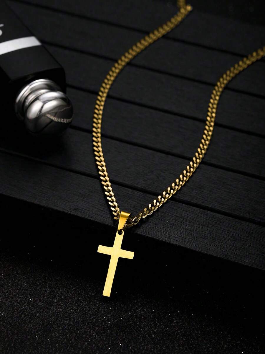 1pc Boys' Simple Gold-Plated Cross Pendant Necklace, Stainless Steel Material, Suitable For Daily Wear, Children's Birthday Gift